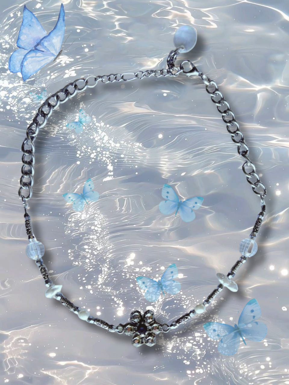 Silver & Salt Choker | Beaded Y2K Crystal Flower Necklace