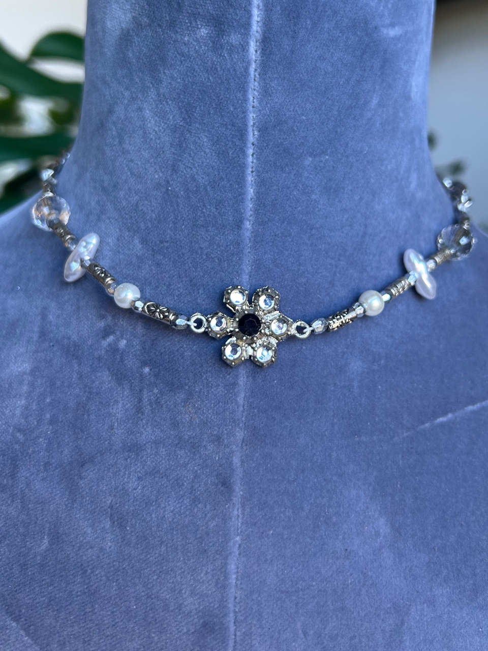 Silver & Salt Choker | Beaded Y2K Crystal Flower Necklace
