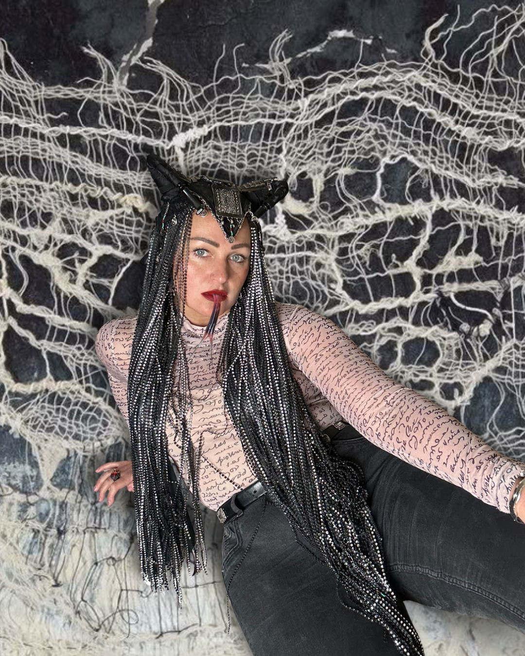 Raven - Long Black Horned Headpiece