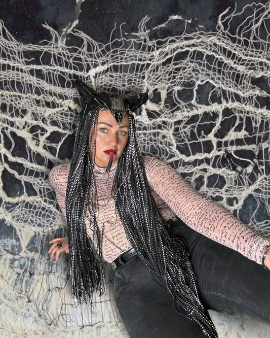 Raven - Long Black Horned Headpiece