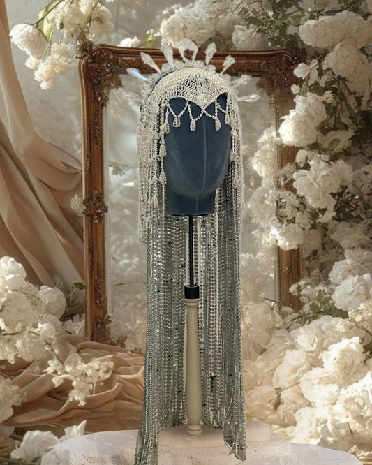 Crystal Prism - Silver & White Crochet Mesh Headpiece