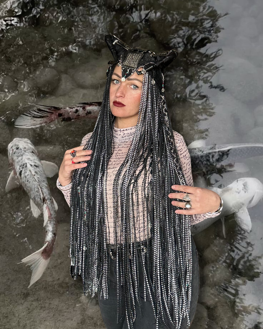 Raven - Long Black Horned Headpiece