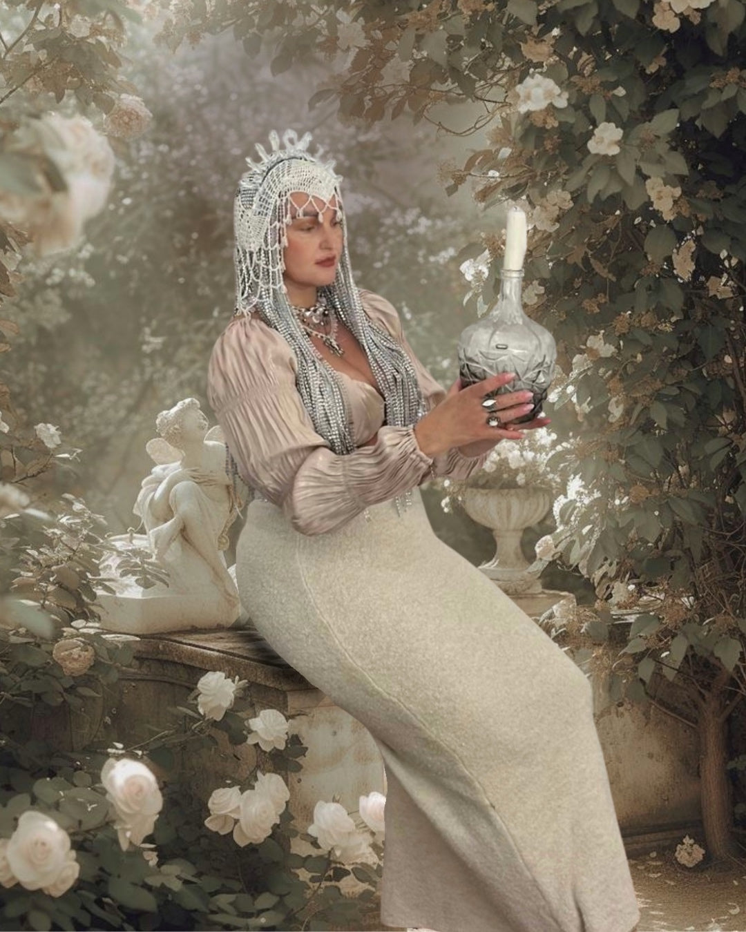 Crystal Prism - Silver & White Crochet Mesh Headpiece