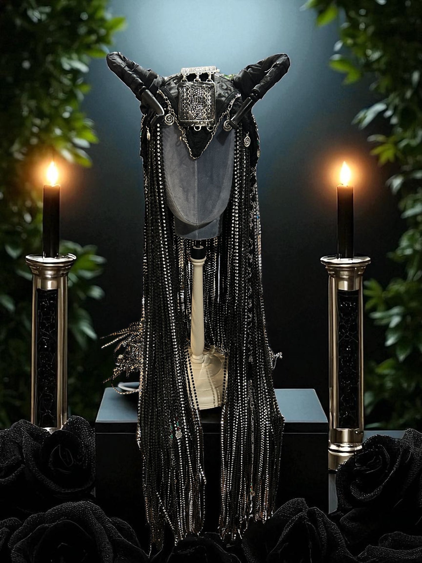 Raven - Long Black Horned Headpiece