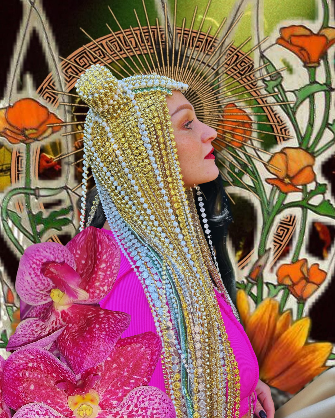 Orchid Moon - Long Gold & Pearl Festival Headpiece