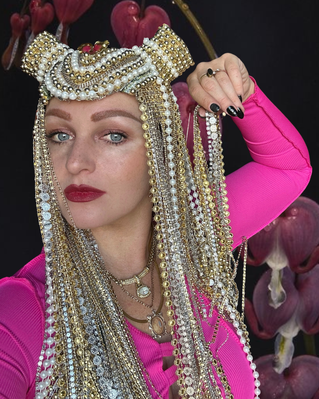 Orchid Moon - Long Gold & Pearl Festival Headpiece