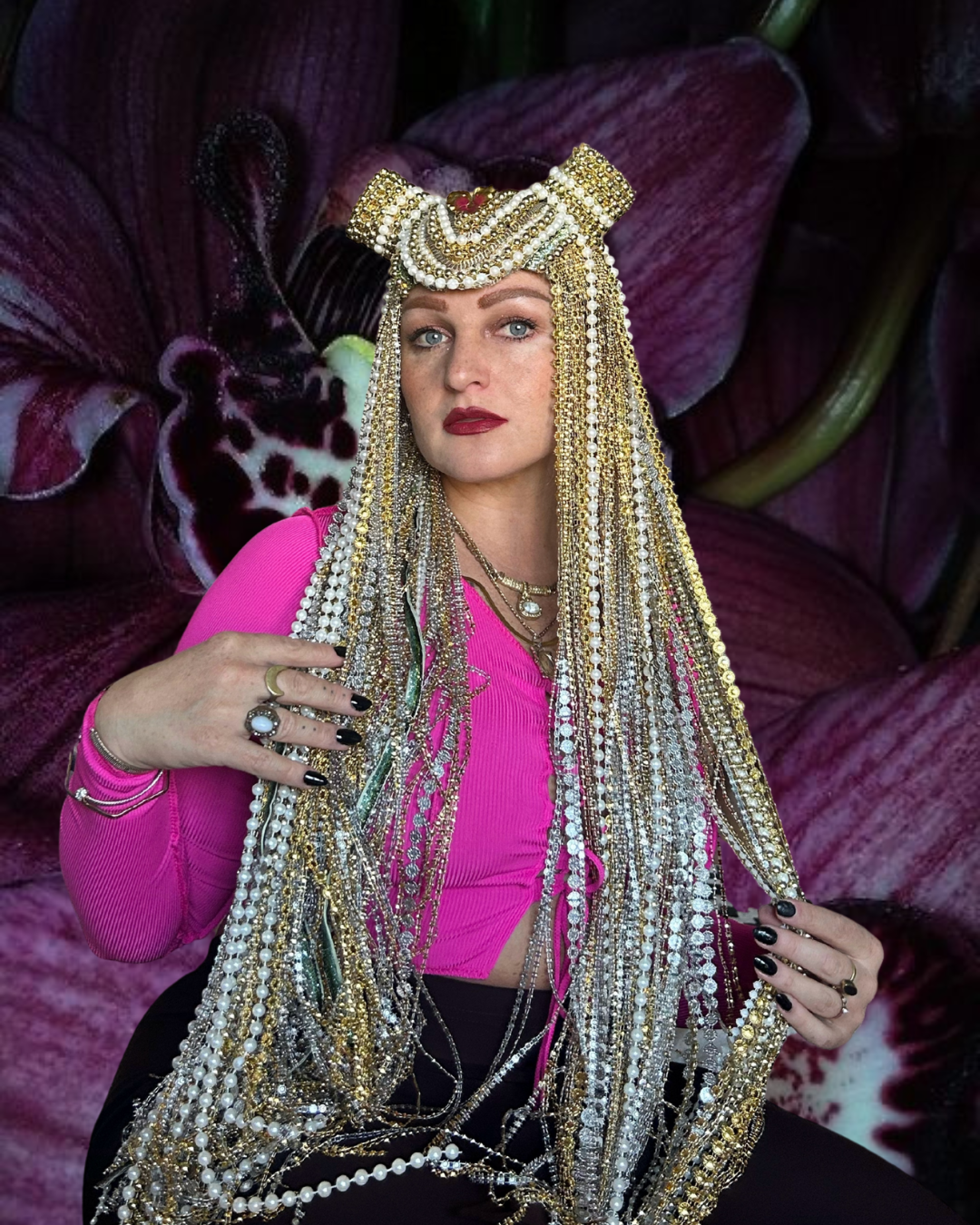 Orchid Moon - Long Gold & Pearl Festival Headpiece