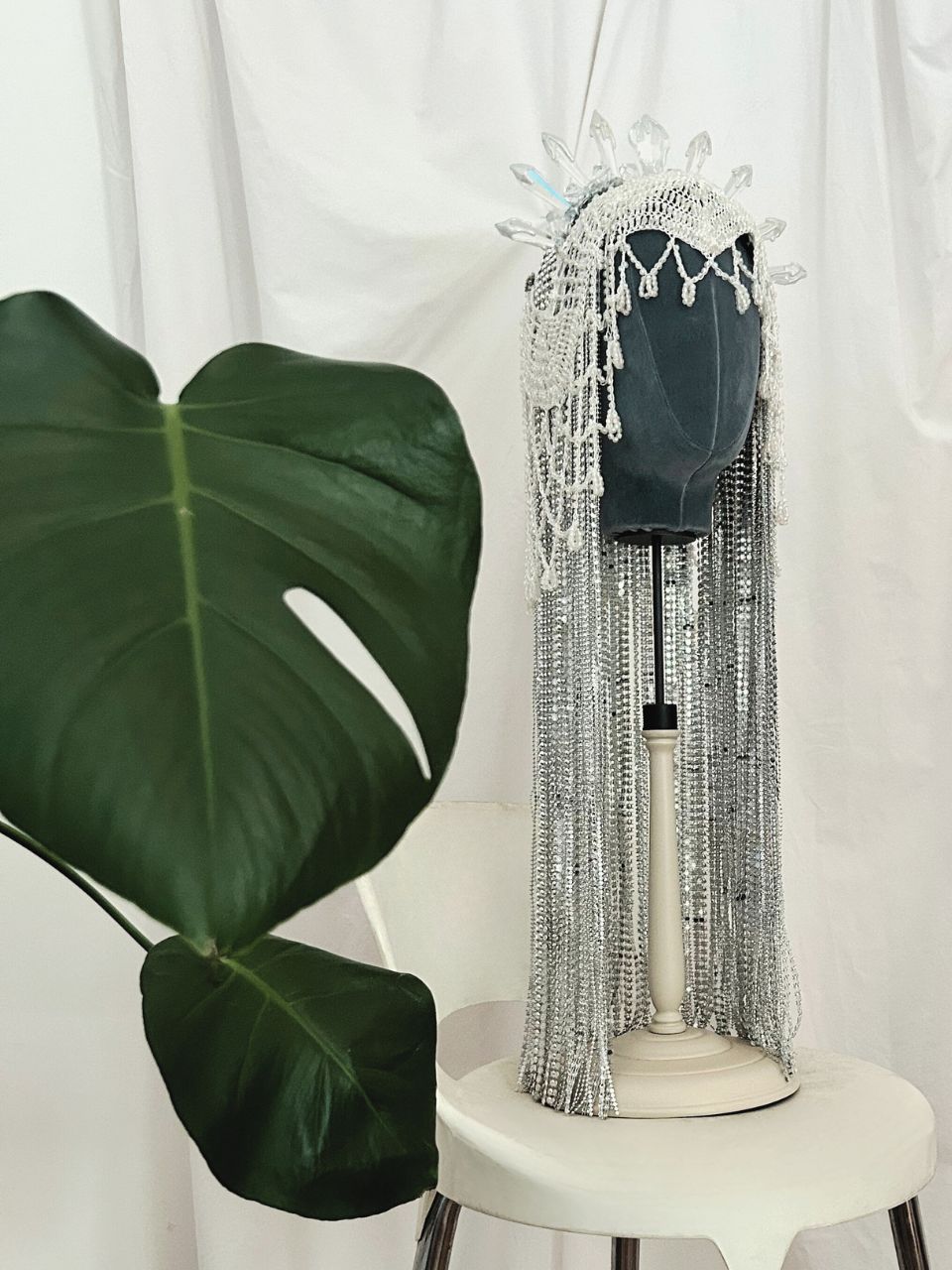 Crystal Prism - Silver & White Crochet Mesh Headpiece